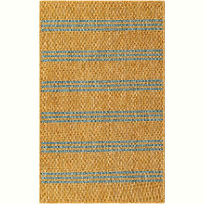 Striped Machine Woven Polypropylene Indoor / Outdoor Area Rug in Yellow/Aqua