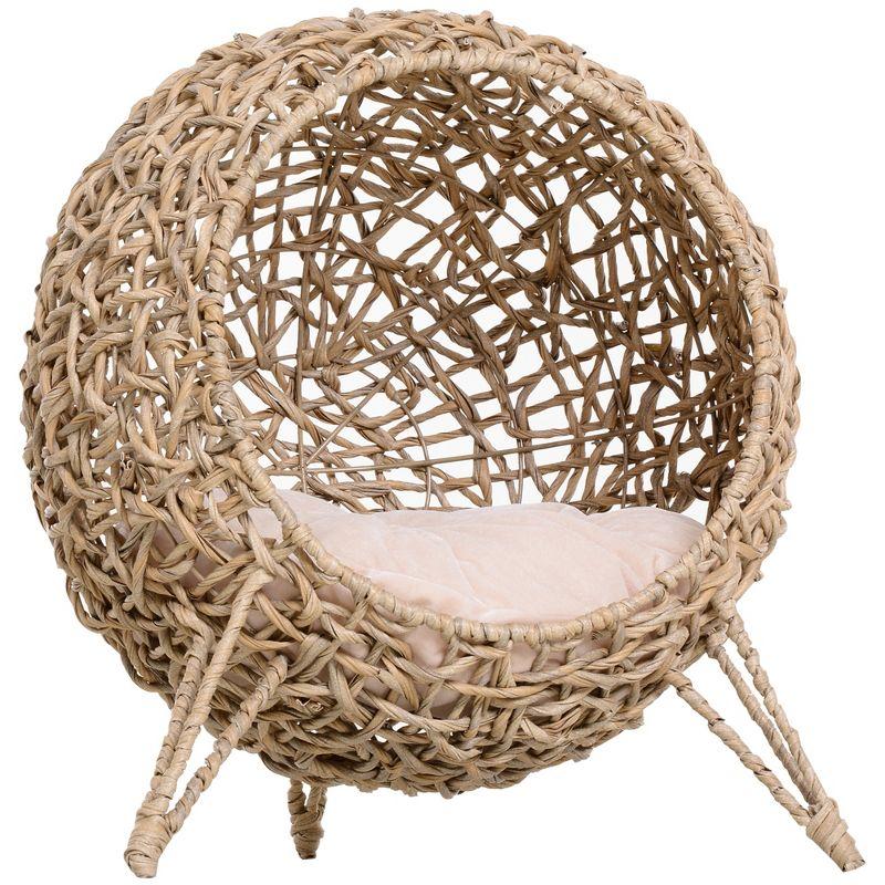 Beige Round Wicker Elevated Cat House with Cushion