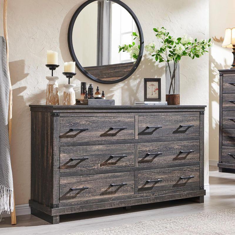 Dark Rustic Oak Farmhouse 6-Drawer Wood Dresser