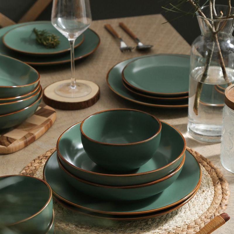 Green Ceramic 16-Piece Dinnerware Set with Brown Edged Borders