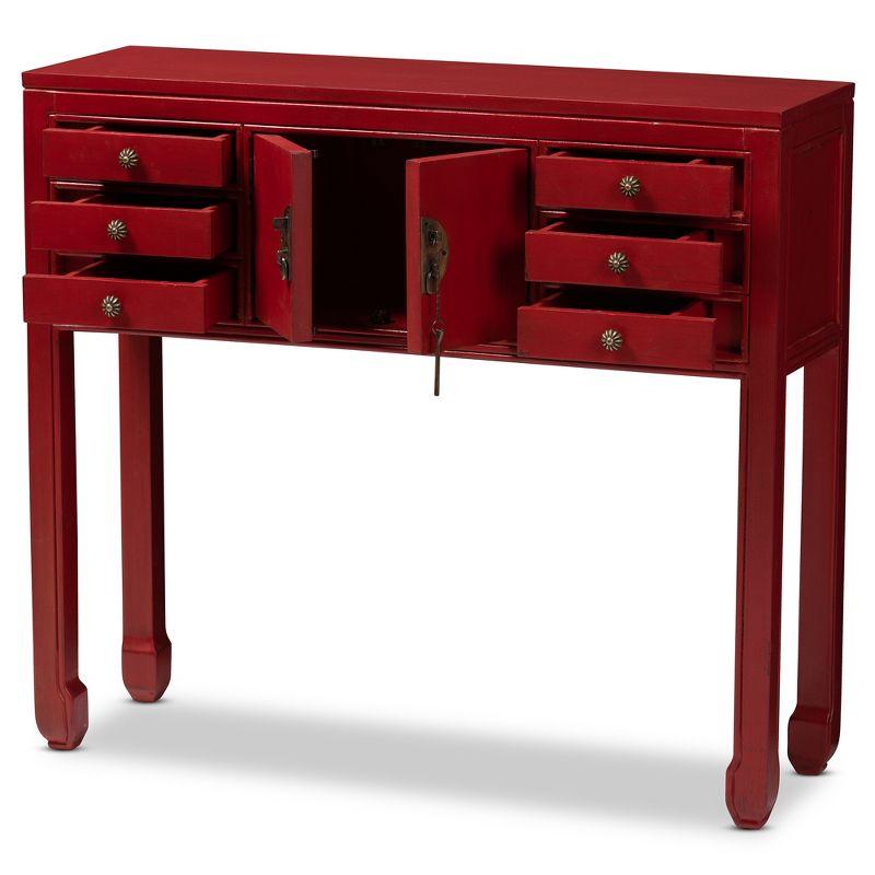 Melodie 6 Drawer Console Table Red - Baxton Studio: Antique-Inspired, Bayur Wood, Bronze Handles