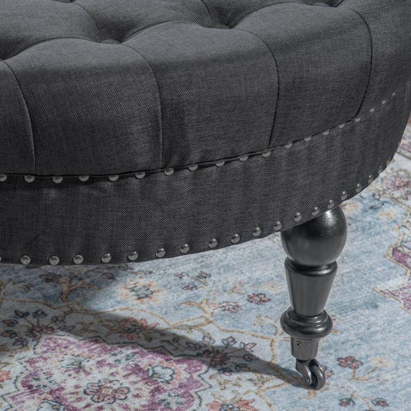 34.6" Isabelle Traditional Round Tufted Upholstered Wheeled Cocktail Ottoman Gray - Linon: Charcoal Linen, Silver Nailhead, Black Legs