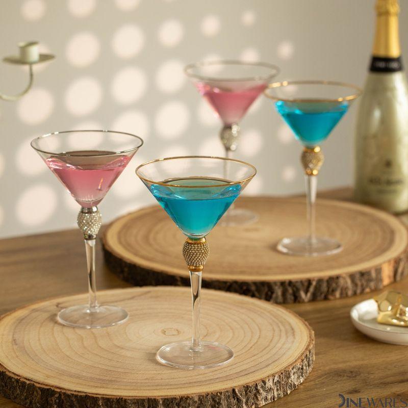Dinewares Clear Stem Crystal Martini Glasses with Rim and Diamond-like Rhinestones, Elegant 10oz Glassware Set for Cosmopolitan Vodka, Gold Set of 4