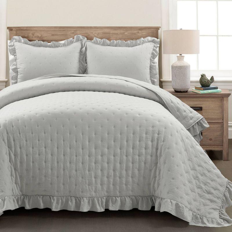 Light Gray King Microfiber Reversible Quilt Set with Ruffles