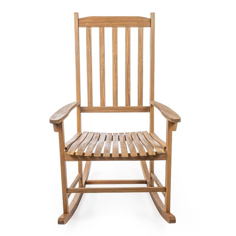 Seagrove Farmhouse Classic Slat-Back 350-LBS Support Acacia Wood Outdoor Rocking Chair, Teak Brown - JONATHAN Y