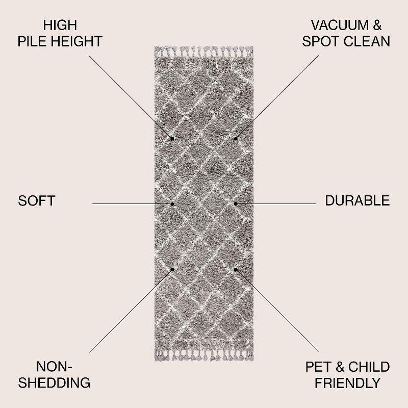 2'x8' Mercer Shag Plush Tassel Moroccan Geometric Trellis Area Rug, Grey/Cream - JONATHAN Y