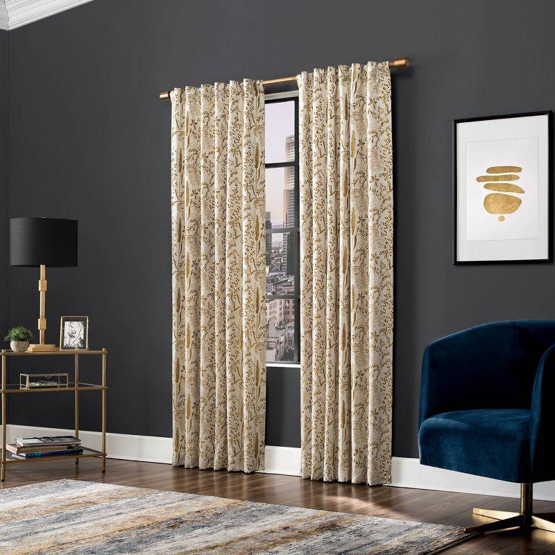 Gold Floral Blackout Pleated Polyester Curtain Panel