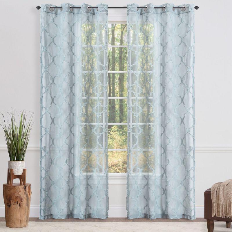 Chanasya 2pk Moroccan Embroidered Grommet Textured Sheer Window Curtain Panels - Set of 2 - 52 x 63 Inches Long - Tan Turquoise
