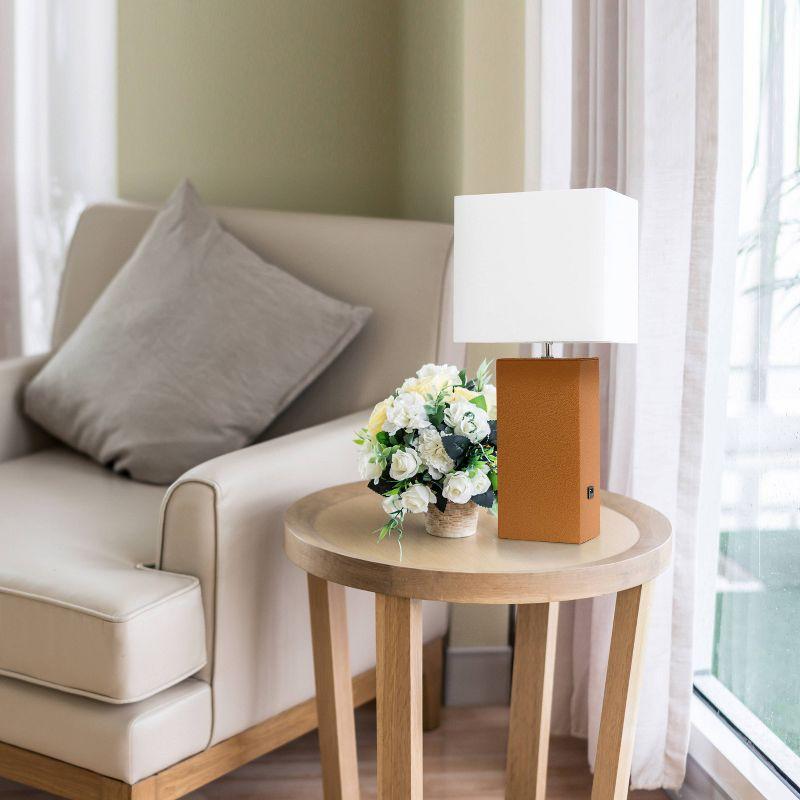 21" Lexington Leather Base Modern Home Decor Bedside Table Lamp with USB Charging Port and Fabric Shade Tan/White - Lalia Home: No Assembly