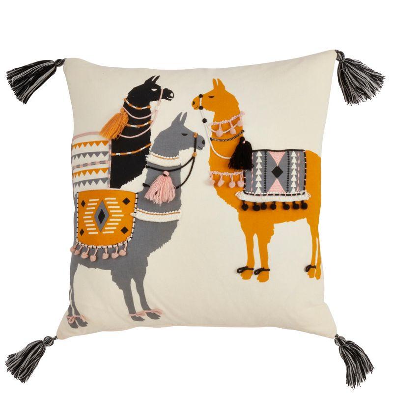 Llama Pack Embroidered Square Throw Pillow with Tassels