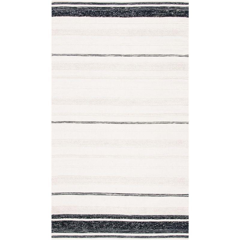 Ivory and Black Striped Kilim 3' x 5' Wool Cotton Area Rug