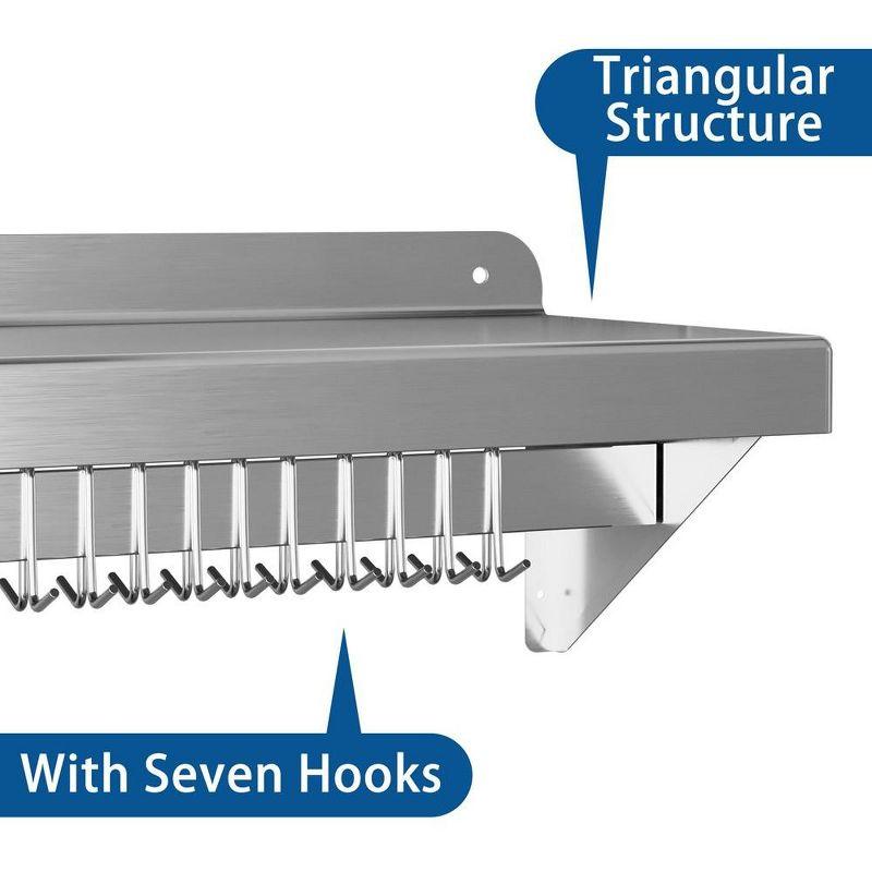 Whizmax Metal Storage Rack with Backplash for Kitchen,12" x 60" Stainless Steel Wall Mount Shelf with 5 Hooks