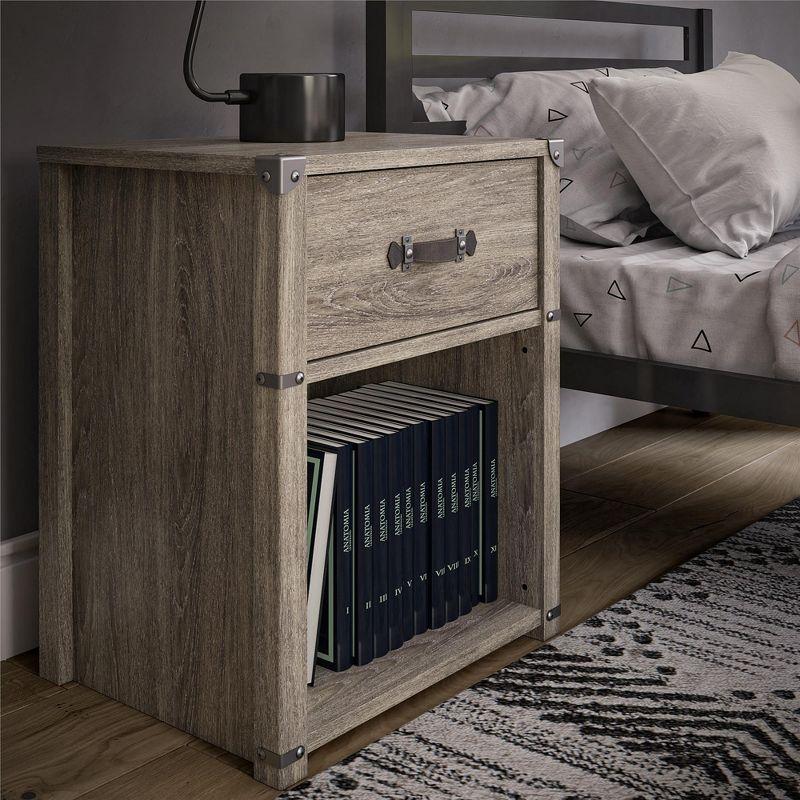 Gray Oak 1-Drawer Industrial Nightstand with Metal Accents