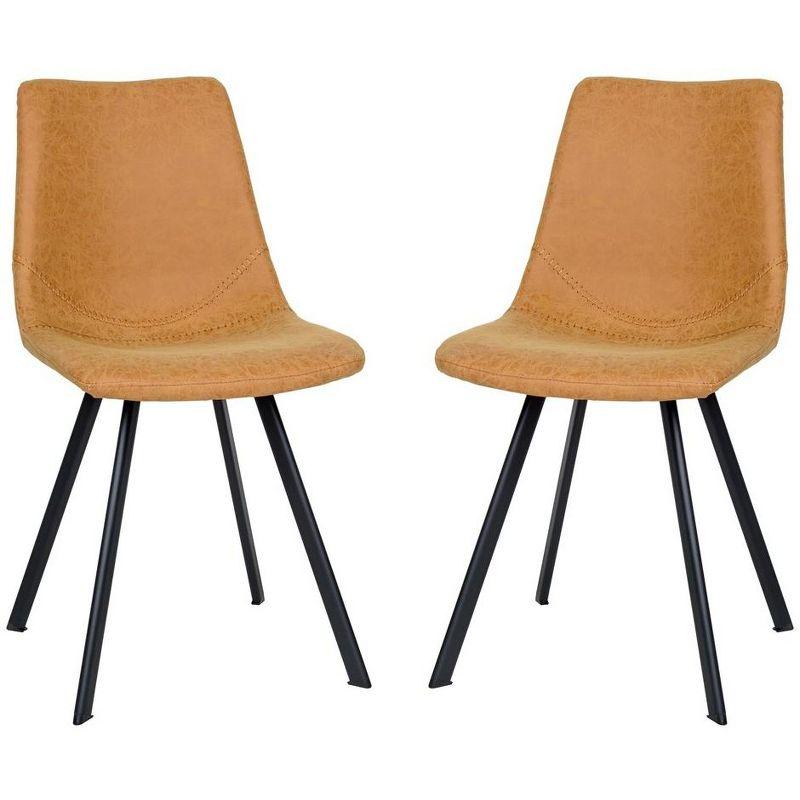 Light Brown Leather Side Chairs with Metal Legs, Set of 2