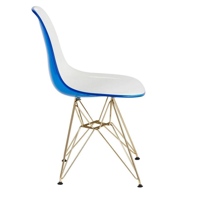 LeisureMod 5-Piece Dining Set with 35" Round Dining Table in White Iron Pedestal Base and 4 ABS Plastic Side Chair with Gold Base, White Blue