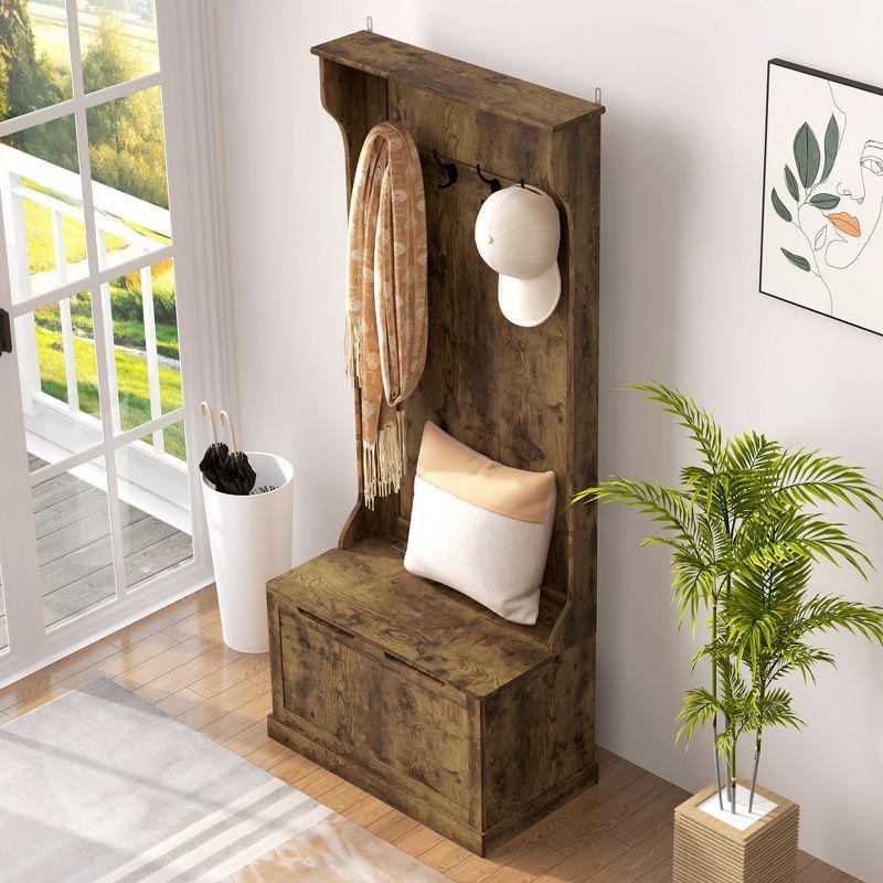 HOMCOM 3-In-1 Entryway Hall Tree with Storage Bench, Coat Rack with Four Hooks, and Shoe Storage, Rustic Brown