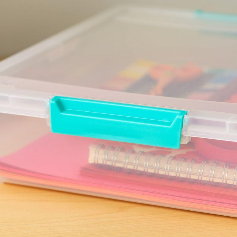 IRIS USA 12 Qt. Large Deep Clip Box, 4 Pack, Clear Plastic Storage Container Bins with Latching Lids, Seafoam Blue Buckles