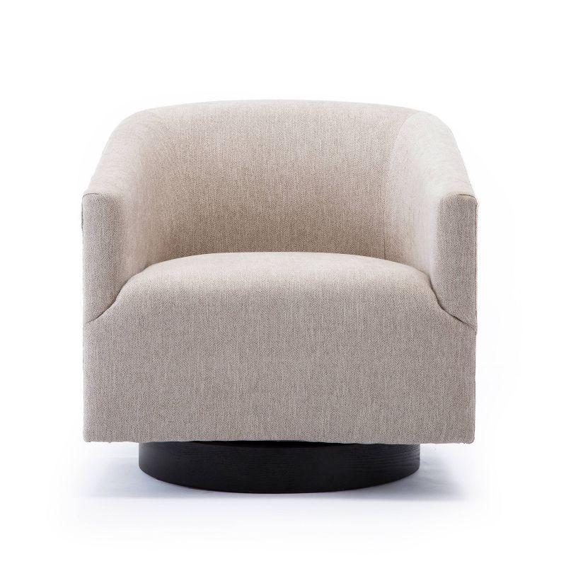 Donovan Oatmeal Fabric and Black Wood Swivel Barrel Chair