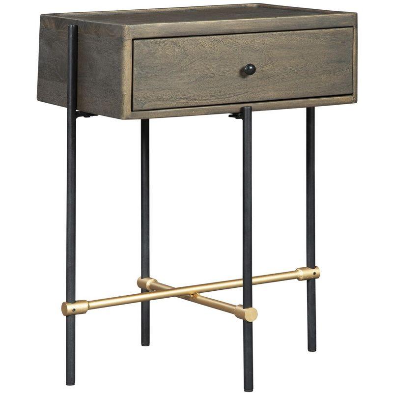 Brown Acacia and Iron Rectangular Side Table with Drawer