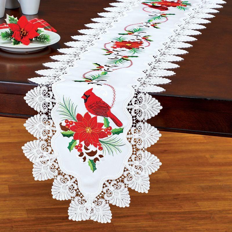 Holiday Cardinals and Poinsettia Embroidered Polyester Table Runner