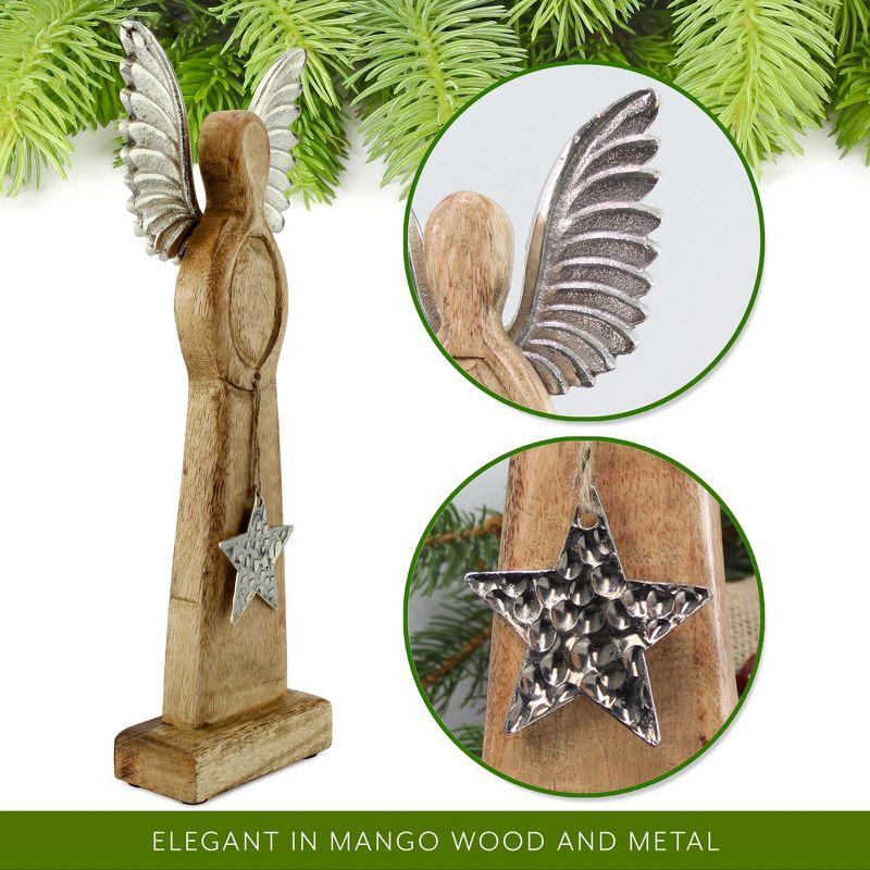 AuldHome Design Wooden Angel Christmas Statue; Farmhouse Holiday Decor Handmade Wood and Metal Figurine