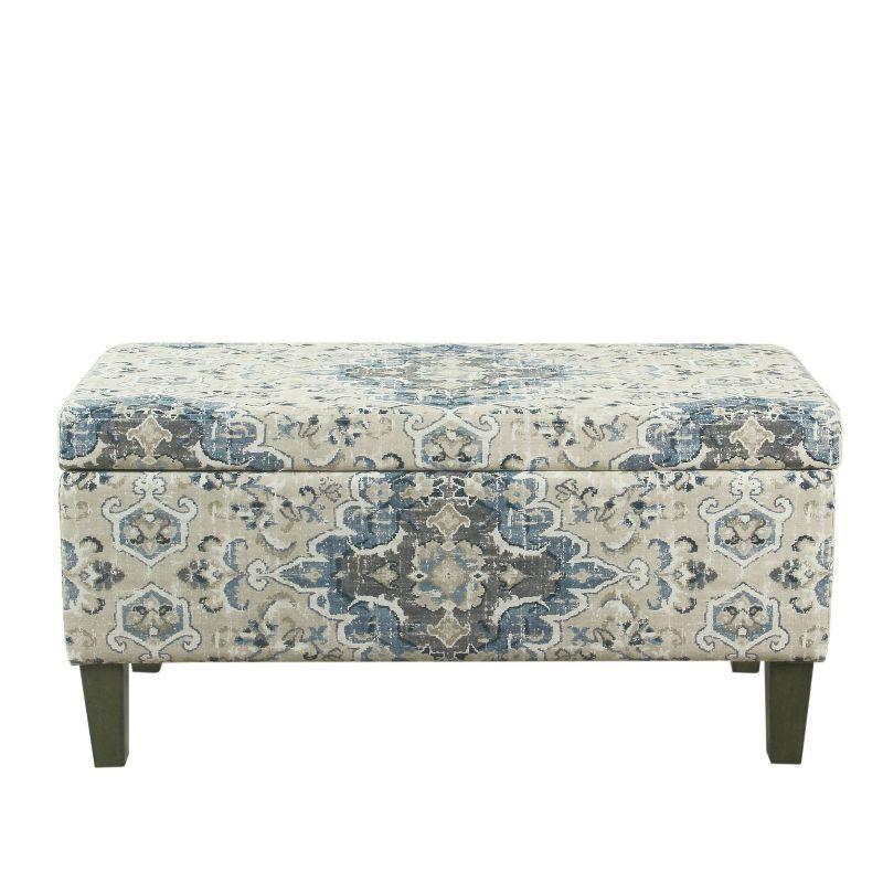 Antiqued Blue and Cream Medallion 36" Storage Bench with Graywash Legs