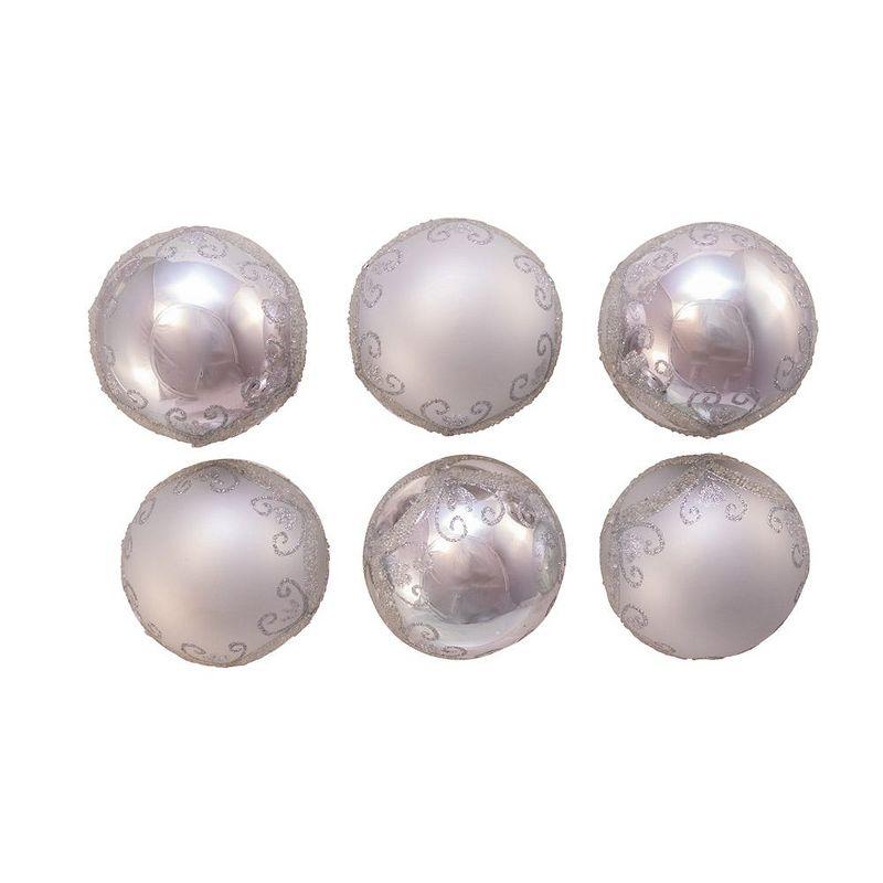 Kurt Adler 80MM Matte and Shiny Silver with Glitter Glass Ball Ornaments, 6 Piece Box