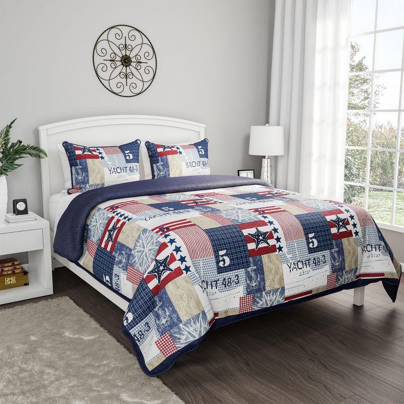 Quilt Set - Nautical Americana Patchwork Print All-Season Soft Microfiber Bedding with Pillow Sham