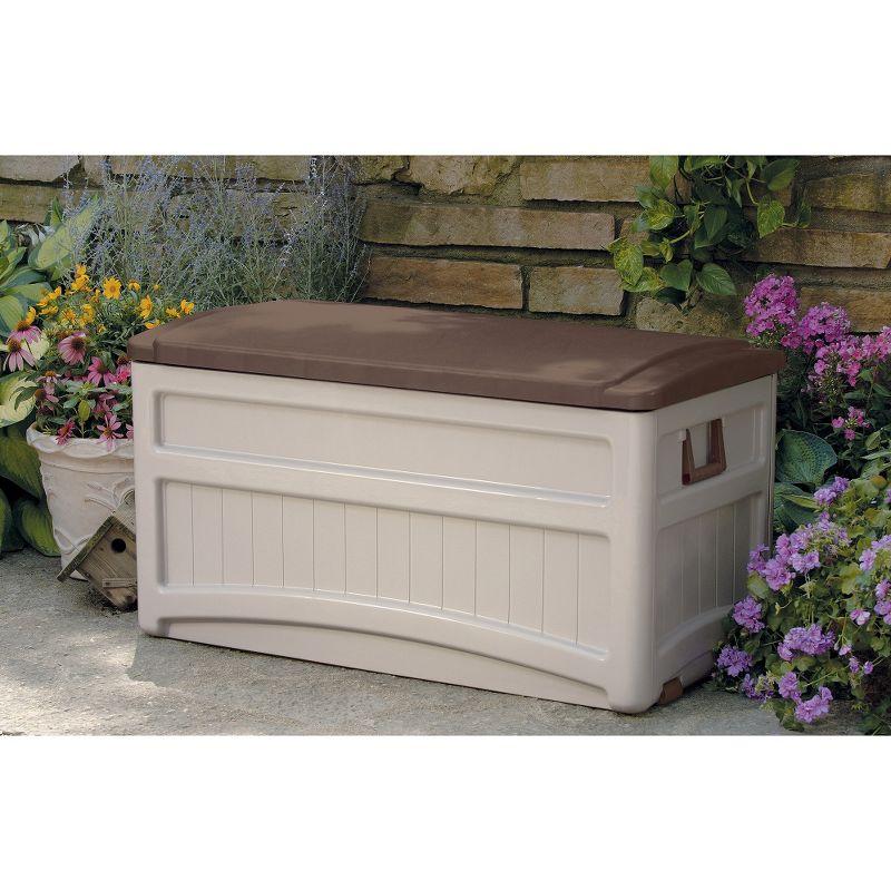 Suncast 78 Gallon Water Resistant Resin Deck Box with Wheels in Light Taupe/Mocha