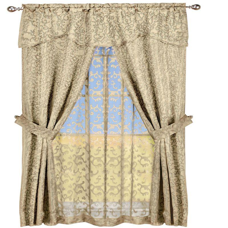 Collections Etc Insulated Scrolling Design Sheer Window Curtain Set with Tie Backs 54" x 63" Taupe
