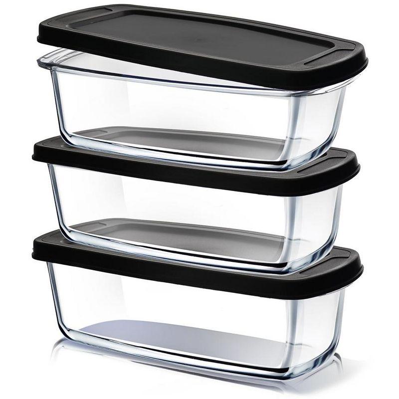 Set of 3 Rectangular Glass Food Storage Containers with Black Lids