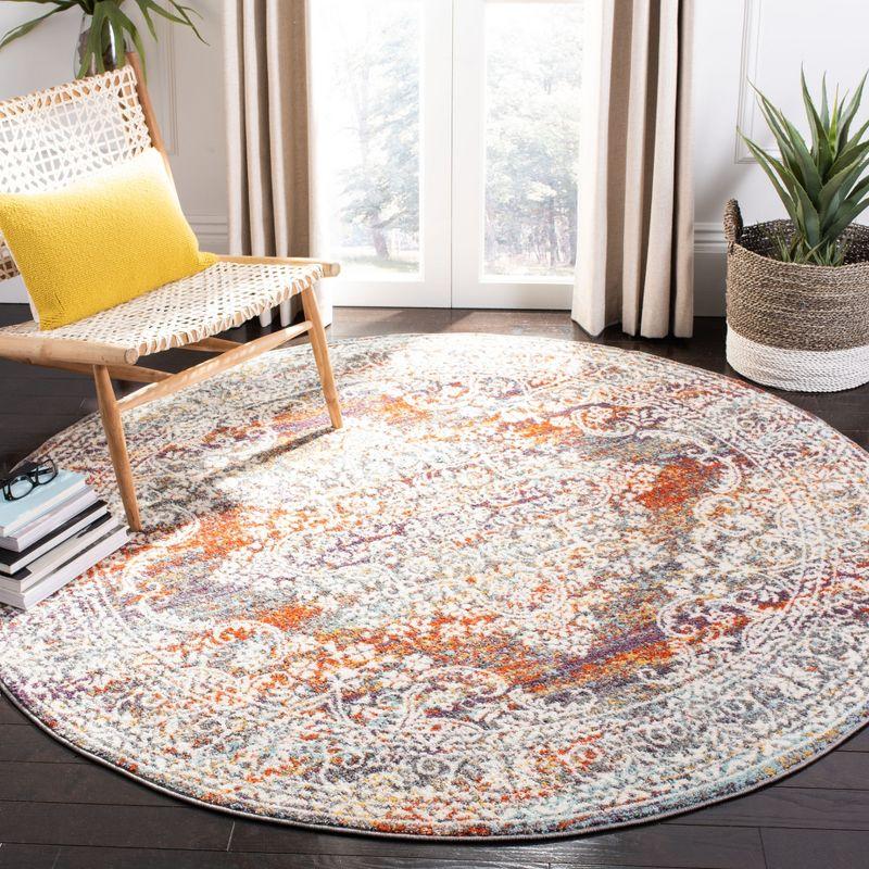 Light Grey and Rust Round Synthetic Area Rug