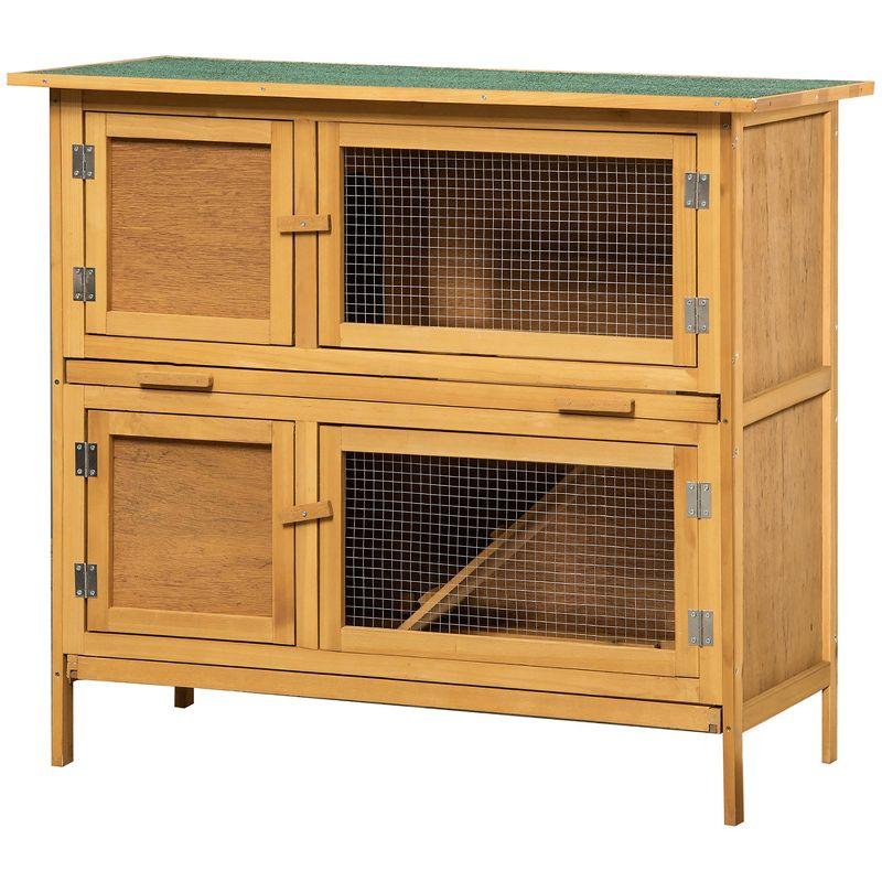 PawHut Wooden Bunny Hutch Rabbit Hutch Small Animals Habitat with Ramp, Removable Tray and Weatherproof Roof, Indoor/Outdoor, Yellow