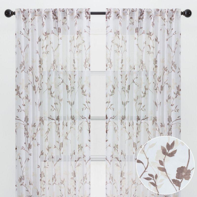 Chanasya 2pk Floral Textured Sheer Window Curtain Panels - Set of 2 - 52 x 108 Inches Long - Brown