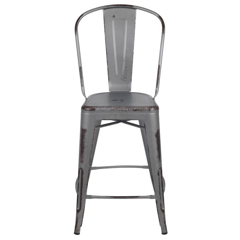 Flash Furniture Commercial Grade 24" High Distressed Silver Gray Metal Indoor-Outdoor Counter Height Stool with Back