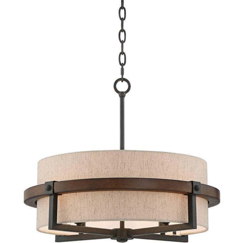 Castille Rustic Farmhouse 22" Bronze and Wood Finish Drum Pendant Light