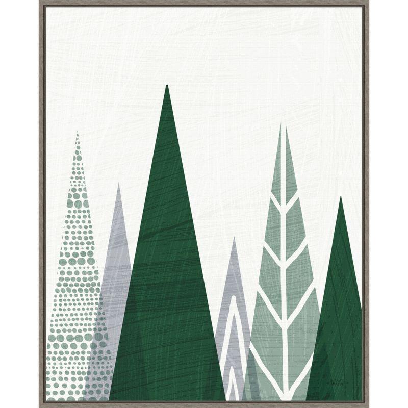 Geometric Evergreen Trees Green and Gray Framed Canvas Wall Art