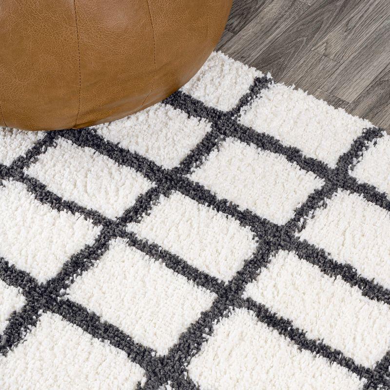 Ivory and Black Moroccan-Inspired Geometric Shag Rug