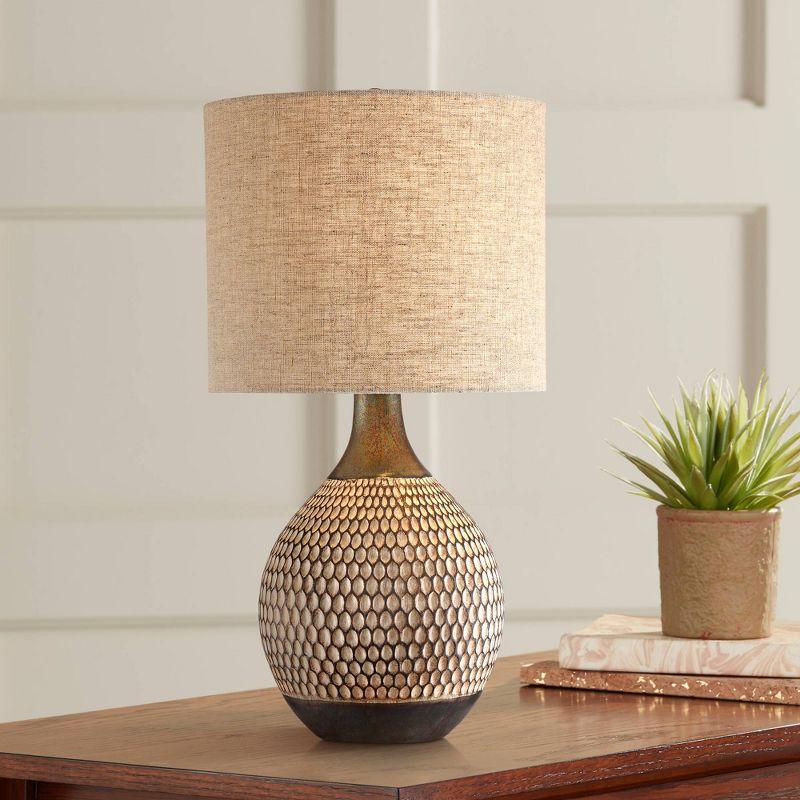 360 Lighting Emma Modern Mid Century Accent Table Lamp 21" High Wood Brown Ceramic Oatmeal Drum Shade for Bedroom Living Room Bedside Nightstand Home