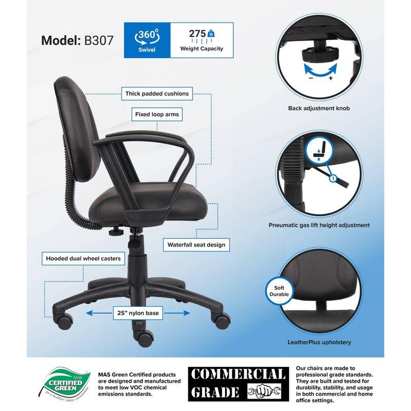 Posture Chair with Loop Arms Black - Boss Office Products: LeatherPlus, Lumbar Support, Adjustable Height