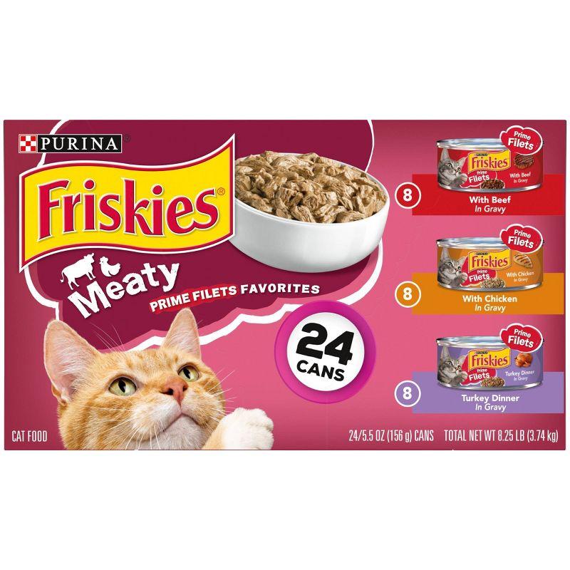 Purina Friskies Meaty Prime Filets Favorites with Chicken, Beef and Turkey Flavor Wet Cat Food - 5.5oz/24ct Variety Pack