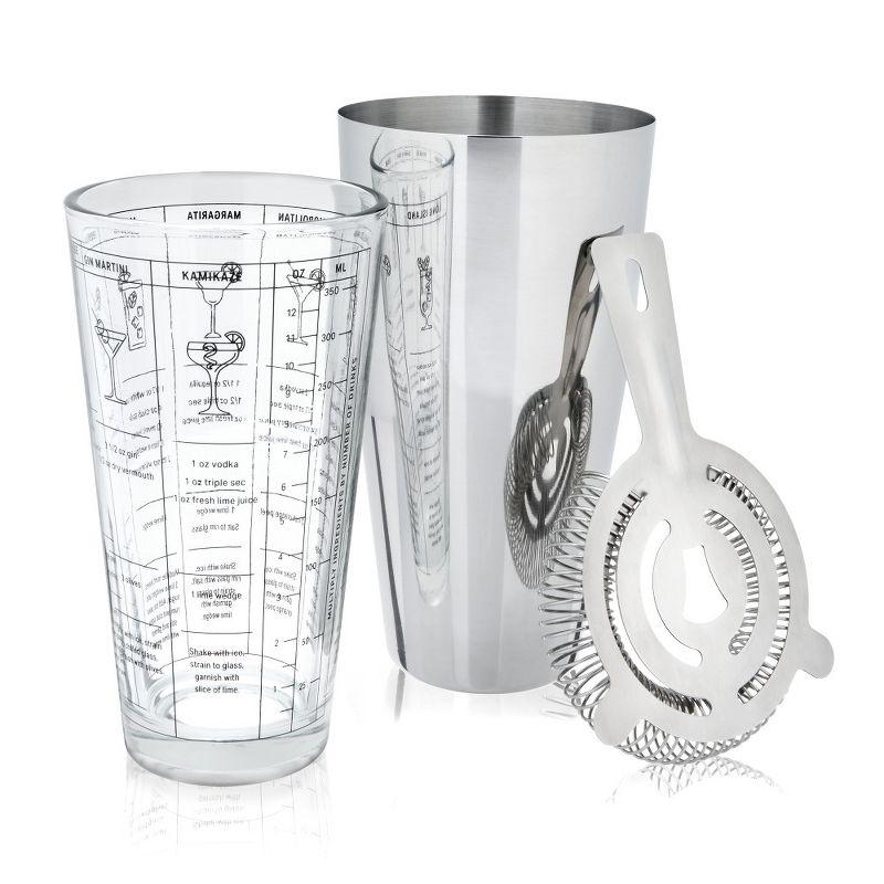 True 3-Piece Barware Set with 7 Cocktail Recipes and Measurements Printed on Mixing Glass, Glass and Stainless Steel, Multicolor