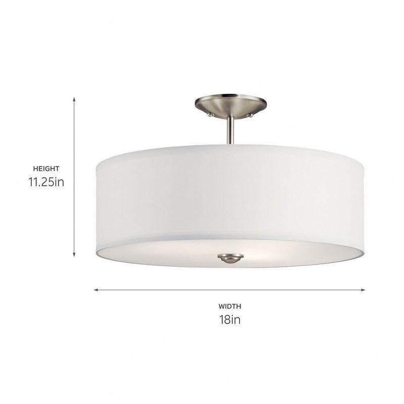 Shailene 18" 3 Light Round Semi Flush with Satin Etched White Diffuser and White Microfiber Shade in Brushed Nickel