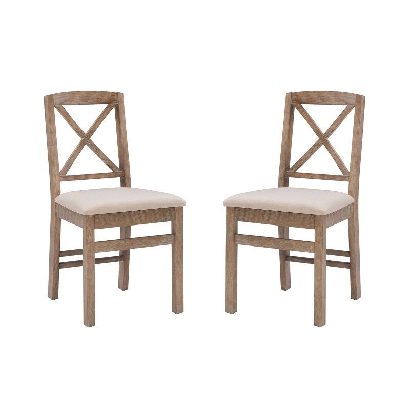 Graywash Linen Upholstered Cross Back Wooden Side Chair Set