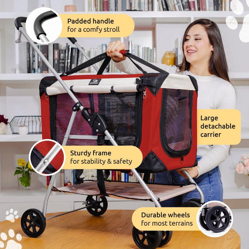 PetLuv Cat & Dog Stroller Foldable w/ Detachable Soft Pet Travel Carrier Fits 2 Cats or Medium Dog & Removable Plush Pillow Privacy Windows