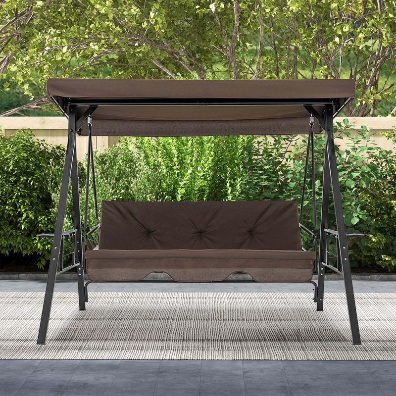 Costway 3-Seat Patio Porch Swing with Adjustable Canopy Soft Seat Back Cushions Side Tables Brown