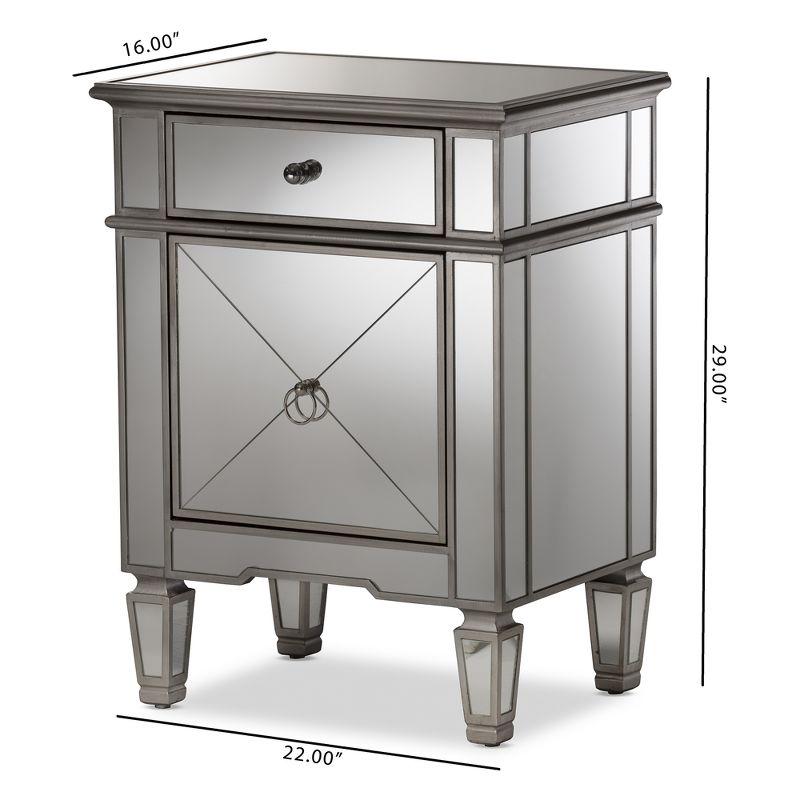 Claudia Hollywood Regency Glamour Style Mirrored Nightstand - Baxton Studio: Silver Lacquered, MDF Composite, No Assembly Required