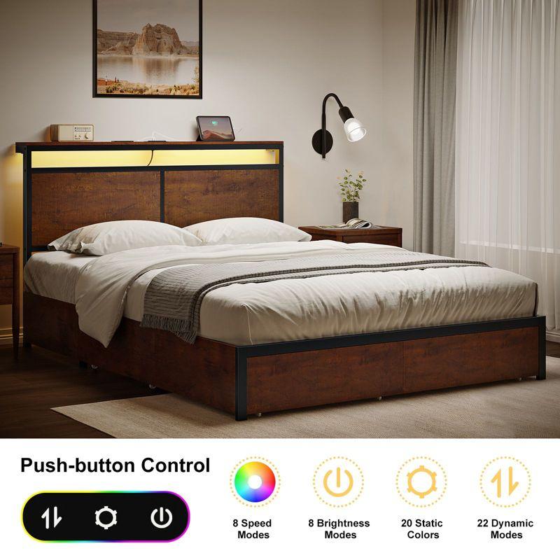 Hausource Modern Queen Bed Frame with LED Headboard, 4 Storage Drawers, No Box Spring Needed