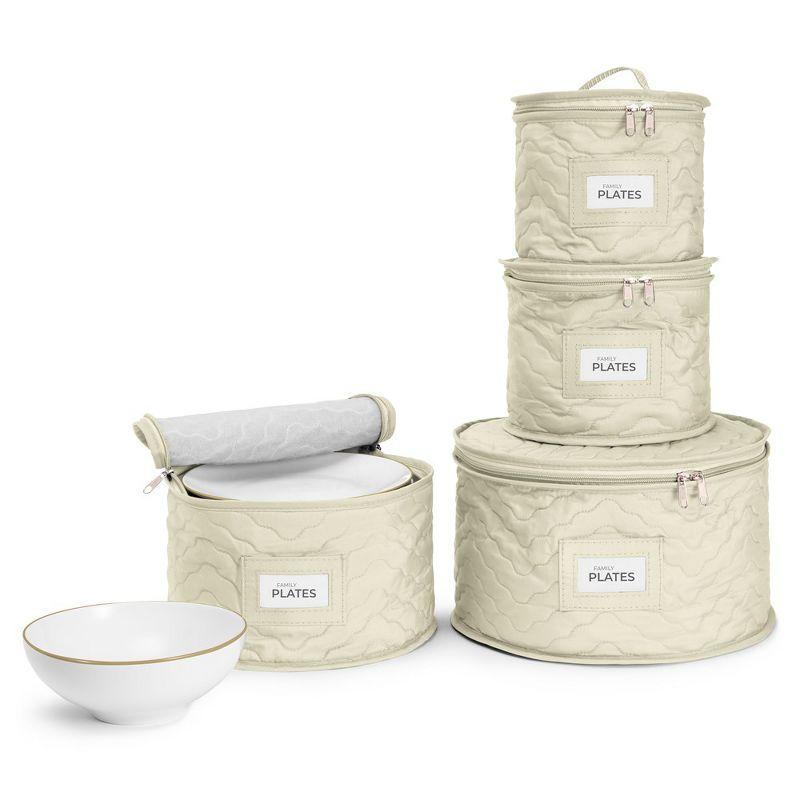 Beige Quilted Fabric Stackable Dinnerware Storage Cases Set