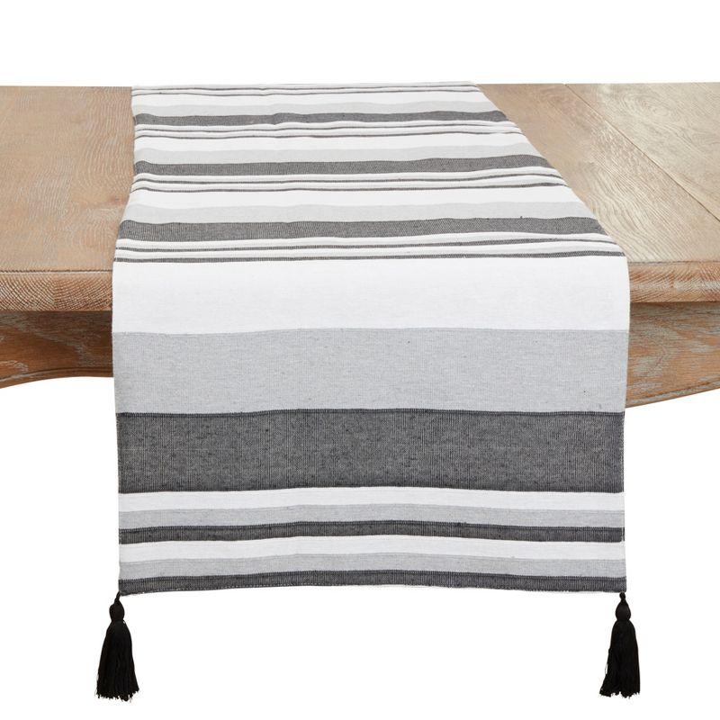 Gray and White Striped Cotton Table Runner with Tassels